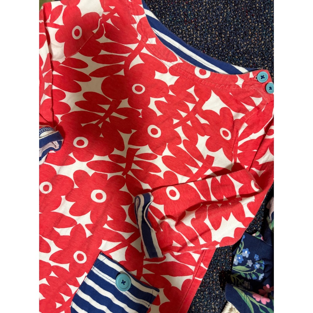 Mini Boden Girls Red White Floral Striped Pocket Tunic Dress 6-7Y